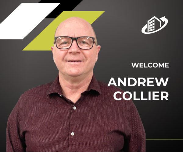 A head shot of Andrew in a burgundy shirt and black glasses with the words "welcome Andrew Collier" beside him