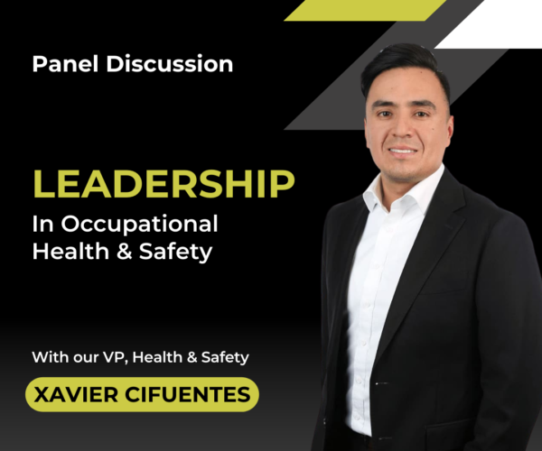 Xavier in a black suit smiling at the camera with the words "Leadership in occupational Health and Safety" beside him